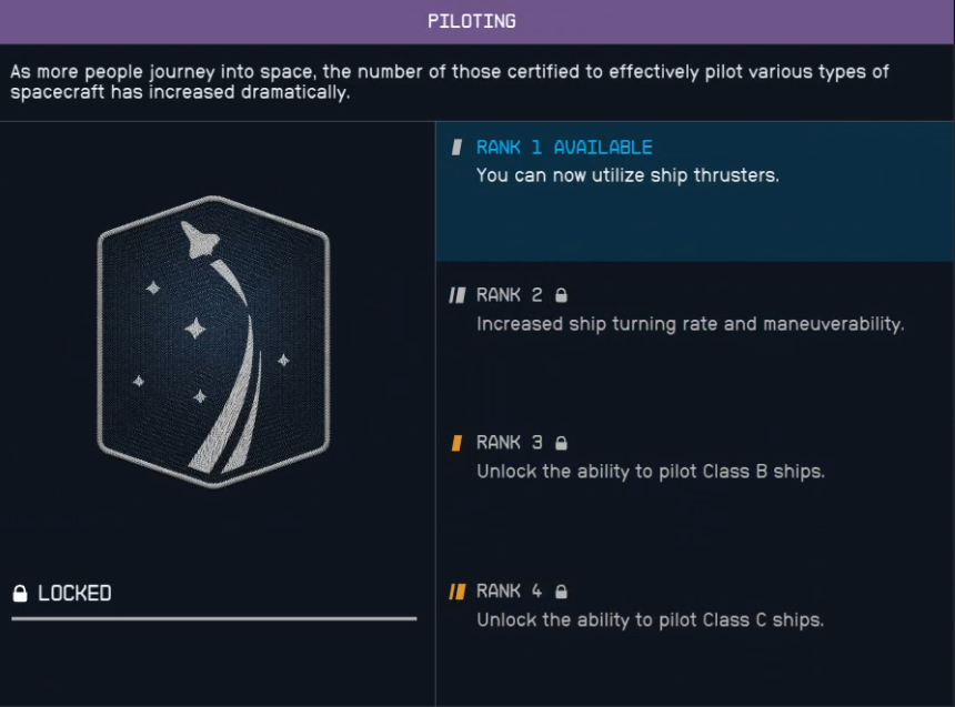 in-game piloting skill in Starfield