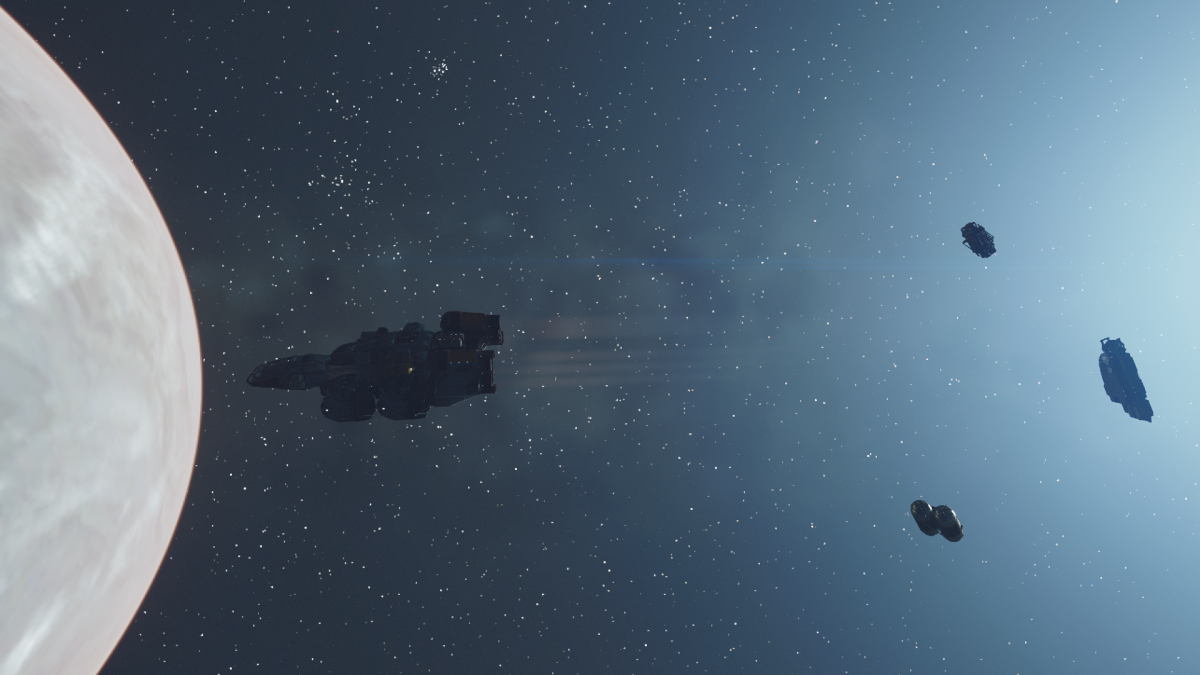 Displays a ship in space in Starfield.