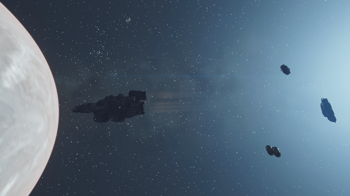 Displays a ship in outer space in Starfield.