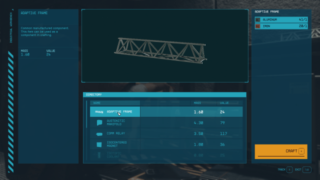 Displays the Industrial Workbench menu in Starfield.