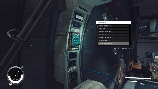 Displays a ship's Cargo Hold inventory in Starfield.