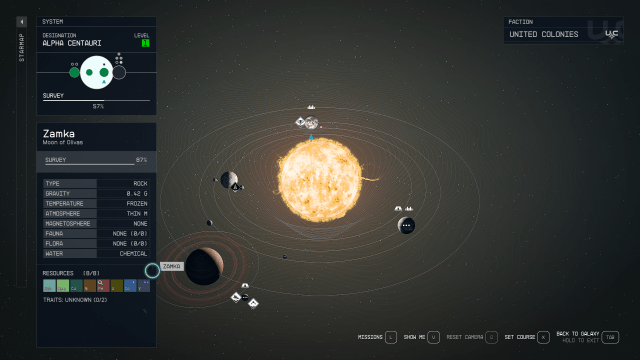 A star map, displaying a map of the Alpha Centauri system in Starfield.