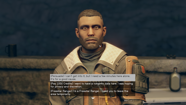 Displays dialogue options with a guard in Akila City in Starfield.