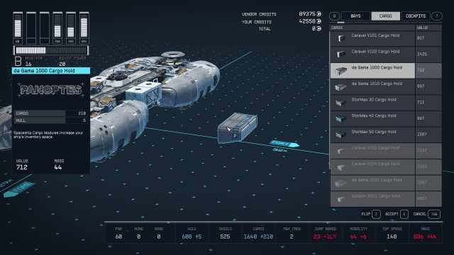 Displays the ship builder menu in Starfield.