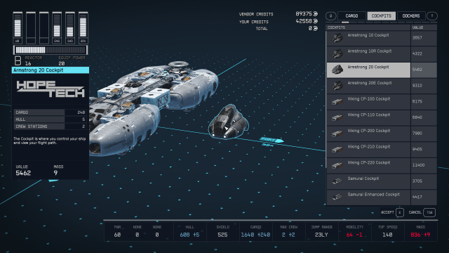 Displays the ship builder menu in Starfield.