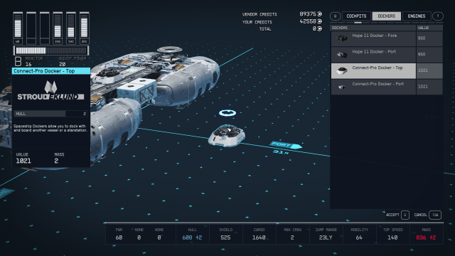 Displays the ship builder menu in Starfield.