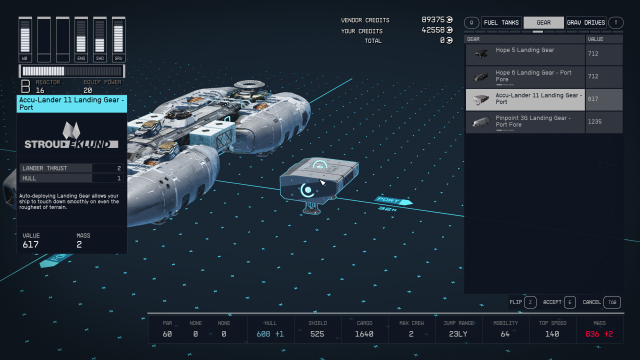 Displays the ship builder menu in Starfield.