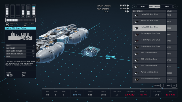 Displays the ship builder menu in Starfield.