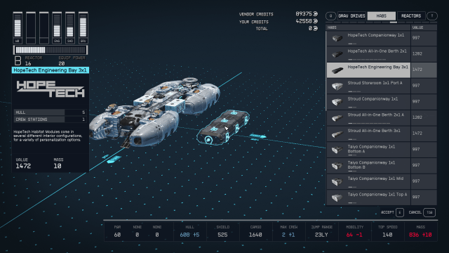 Displays the ship builder menu in Starfield.