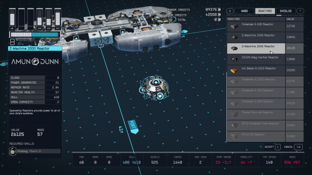 Displays the description for the reactor Z-Machine 2000 in Starfield's ship builder menu.