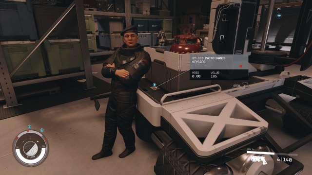 Displays a UC Marine leaning on a forklift in Starfield.