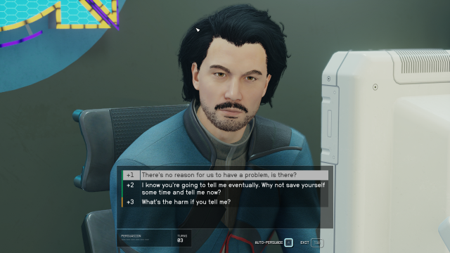 Displays the persuasion table during a dialogue with Ji in Starfield.