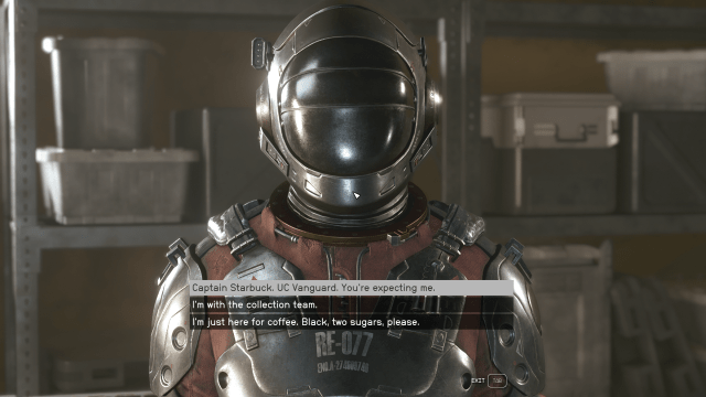 Displays dialogue options with the Forward Base Commander in Starfield. 