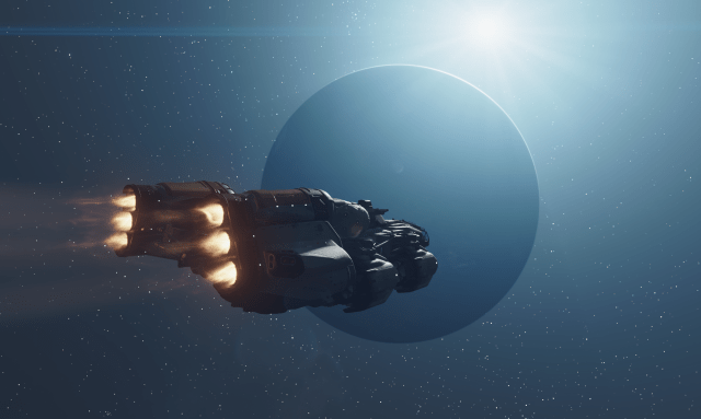 A screenshot from Starfield showing a spaceship flying against a space background. A planet lies in the background with a sun creating light behind it.