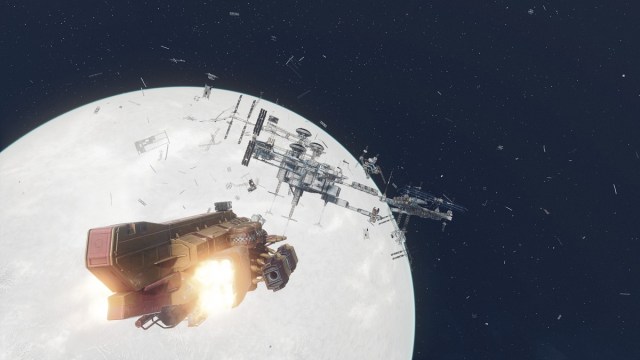A spaceship approaches an industrial spacestation above a glowing white moon.