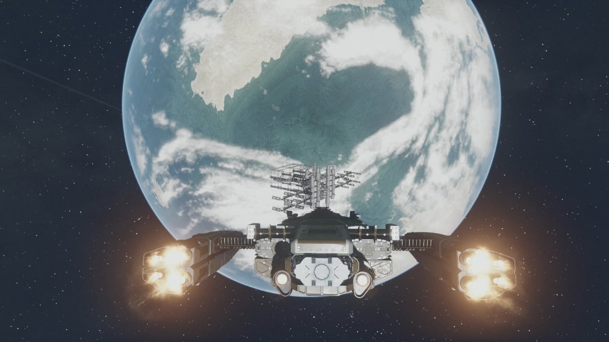 An image of the player's starship heading to Trident Luxury Lines in Starfield.