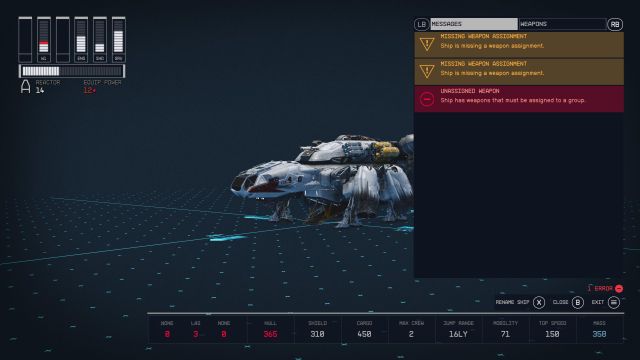 Starfield's ship building screen with errors.