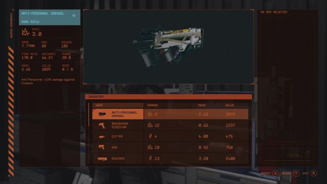 Starfield weapon workbench menu screen