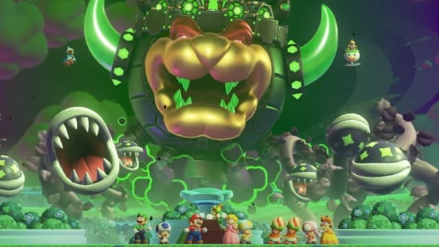 Bower in Prince Florian's castle form overlooking Mario, Luigi, Peach, Daisy, Toad, and others