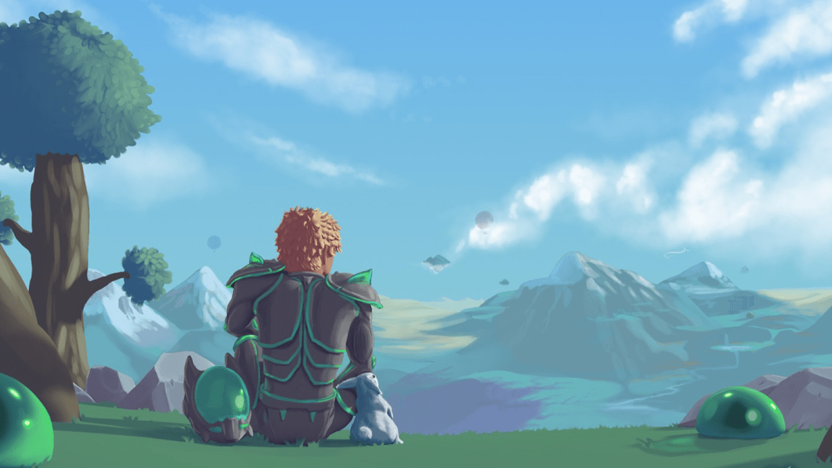 A Terraria player gazing out at bright horizons.