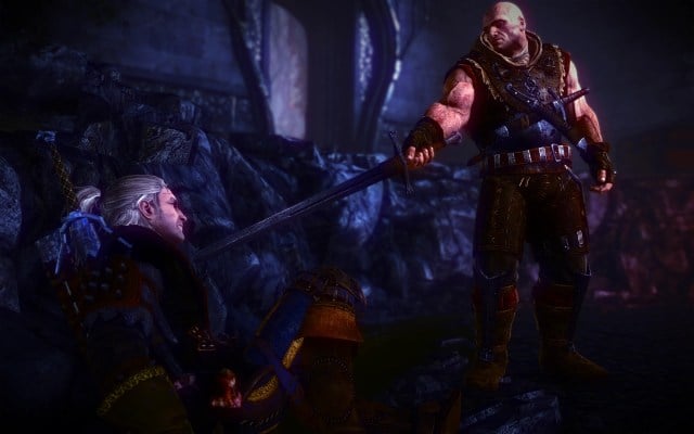 Screenshot from the Witcher 2 of Letho holding a sword to Geralt's throat.