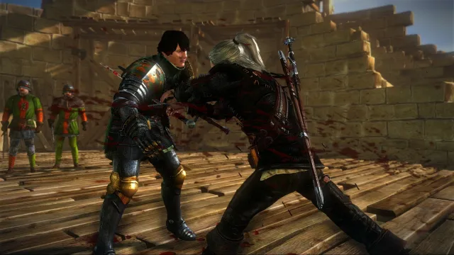 Screenshot from The Witcher 2 of Geralt killing Aryan La Valette in a duel. 