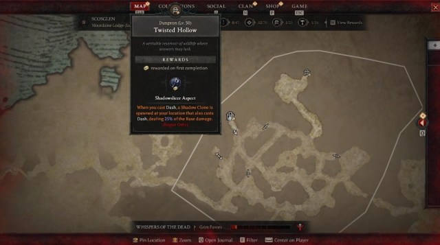 The location and description of Twisted Hollow on the Diablo 4 map