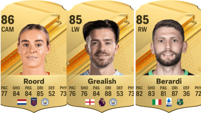 The cards for Jill Roord, Jack Grealish, and Domenico Berardi in EA FC 24.