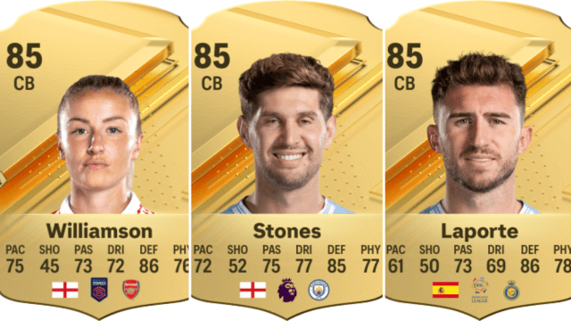 The cards for Leah Williamson, John Stones, and Aymeric Laporte in EA FC 24.