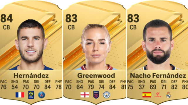 The cards for Lucas Hernandez, Alex Greenwood, and Nacho Fernandez in EA FC 24.