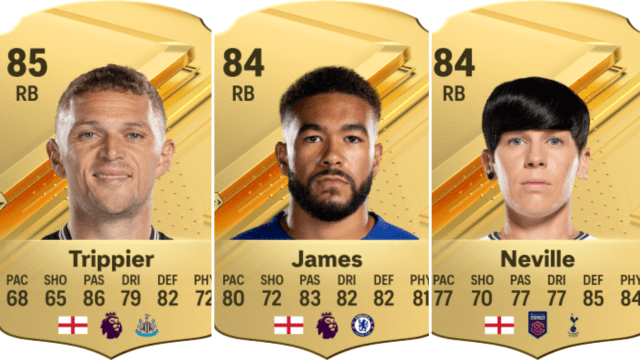 The cards for Kieran Trippier, Reece James, and Ashleigh Neville in EA FC 24.