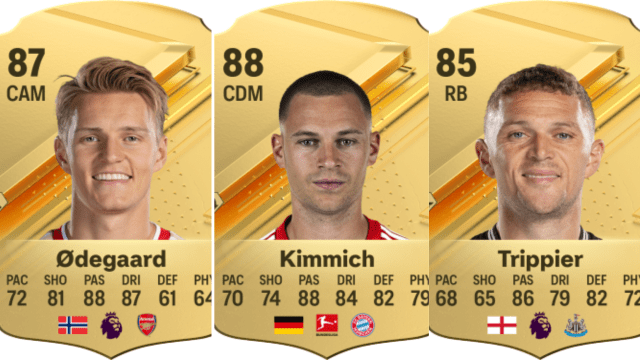 Cards for Martin Odegaard, Joshua Kimmich, and Kieran Trippier in EA FC 24 Ultimate Team.