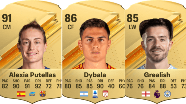 Cards for Alexia Putellas, Paulo Dybala, and Jack Grealish in EA FC 24 Ultimate Team.