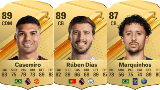 Cards for Casemiro, Ruben Dias, and Marquinhos in EA FC 24 Ultimate Team.