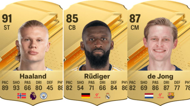 Cards for Erling Haaland, Antonio Rudiger, and Frenkie de Jong in EA FC 24 Ultimate Team.