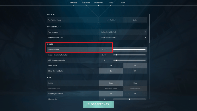 Screenshot of the mouse tab in Valorant's settings. The screenshot highlights the sensitivity number.