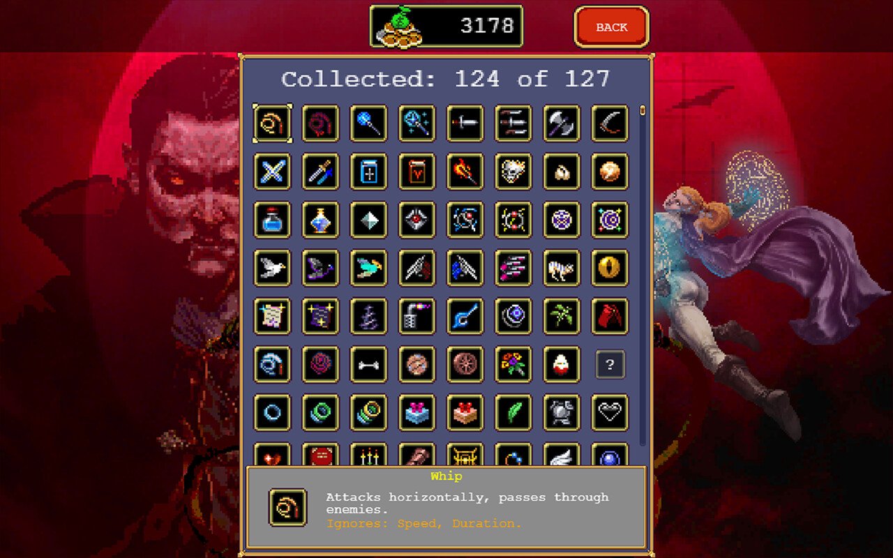 There is a menu with a grid filled with weapons. There are characters from the game in the background behind the menu. 
