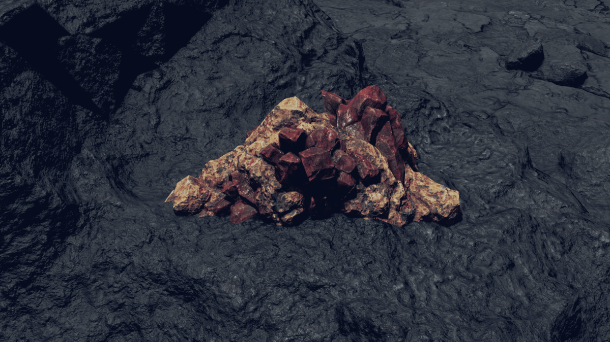 A screenshot from Starfield of Vanadium, a red and orange crystal-like rock, sitting atop black, obsidian like rocks.
