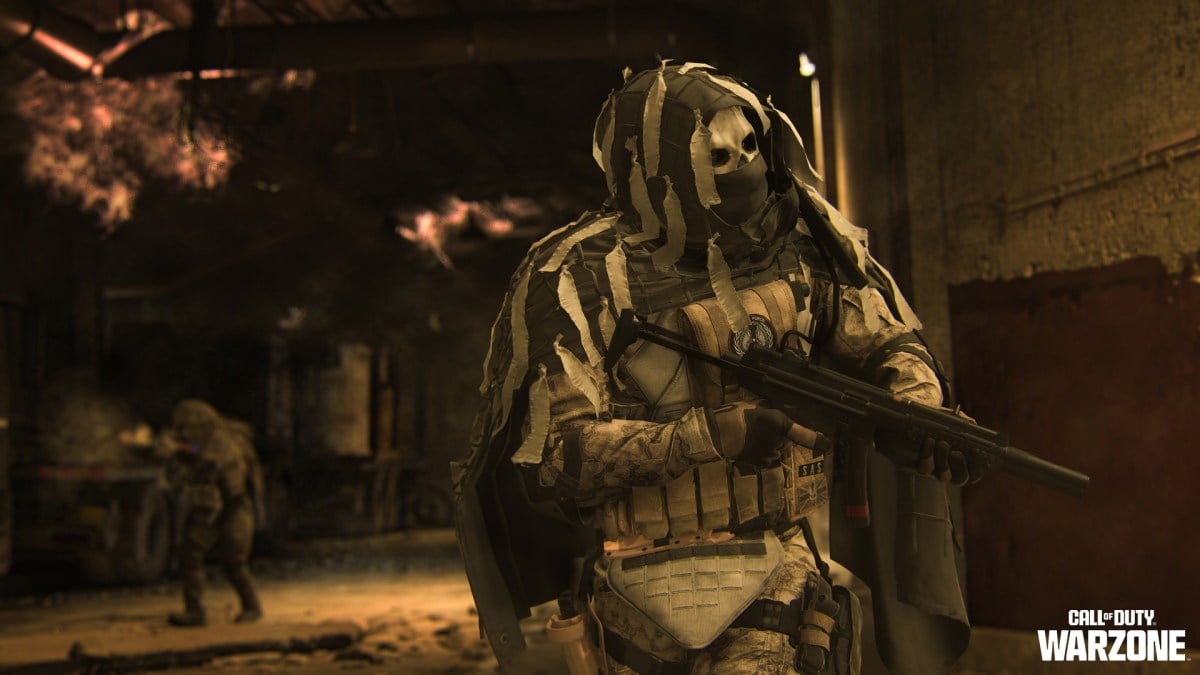 A ghillie-suit operative looking off into the distance in Call of Duty: Warzone 2.