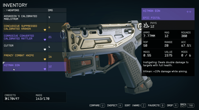 A screenshot from Starfield showing the weapons menu in the inventory. A pistol appears in the background with a set of stats on the right-hand side of the image.
