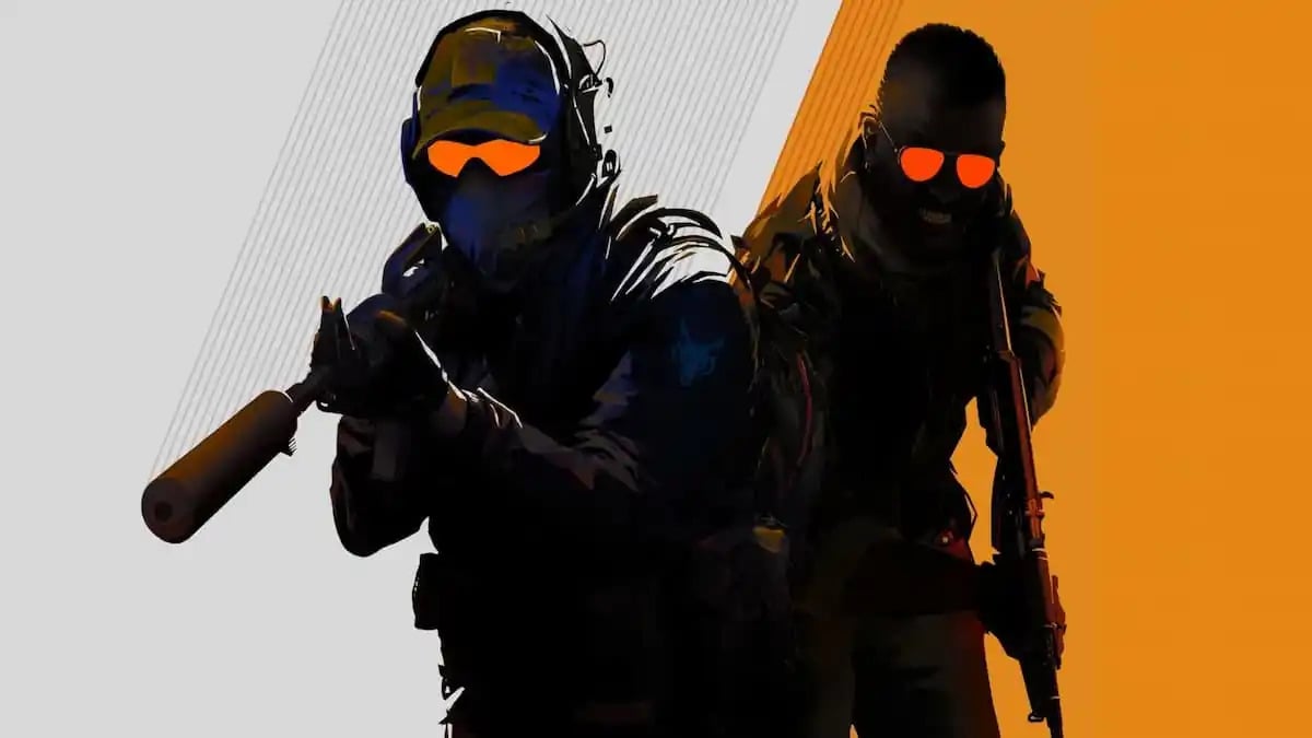 An image of two characters in CS2. A terrorist and a counter-terrorist in front of a white and orange background.