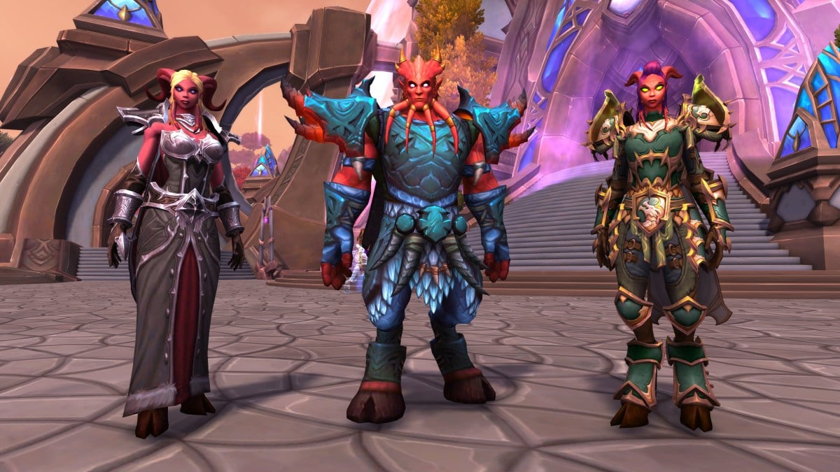 Three red Draenei standing next to each other