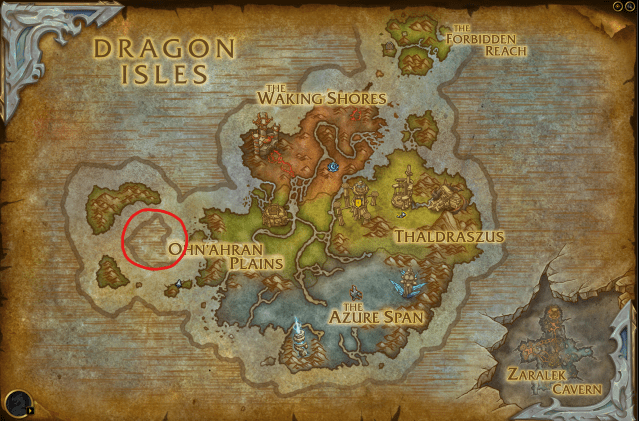 A screenshot of WoW Dragonflight's world map with the empty space off the coast of Ohn'ahran Plains circled in red. 