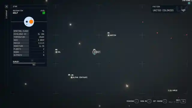 The Wolf Star system map in Starfield