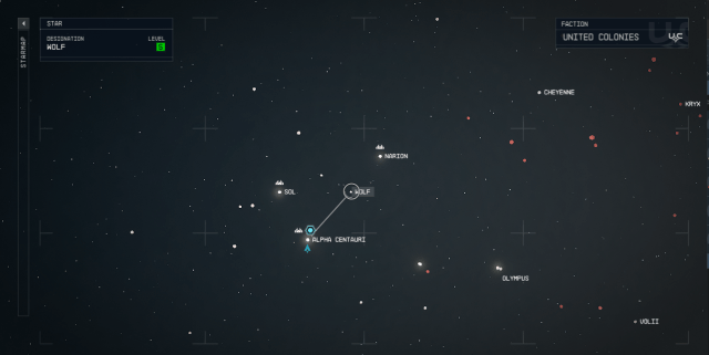 This is a cluster of solar systems with the Wolf System highlighted next to Alpha Centauri in Starfield