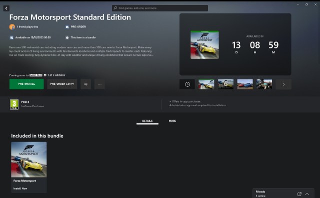 A screenshot of the Microsoft Store on PC showing preload and purchase options for Forza Motorsport.