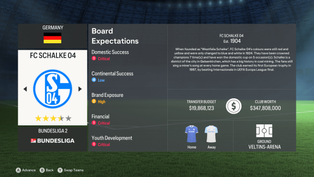 Details for Bundesliga 2. side Schalke in EA FC 24 Career Mode.