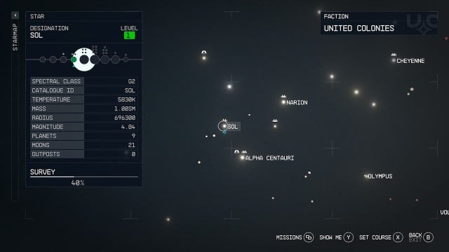 Screenshot of Sol system as it appears in the Starfield starmap