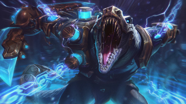 Hextech Renekton skin from League of Legends. Crocodile humanoid is screaming out, surrounded by blue bolts from the Hextech.