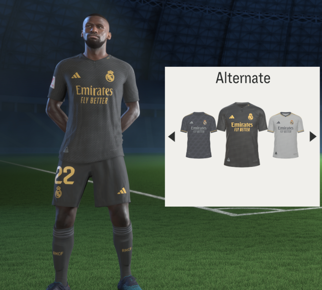 A screenshot showing the Real Madrid kits in EA FC 24.
